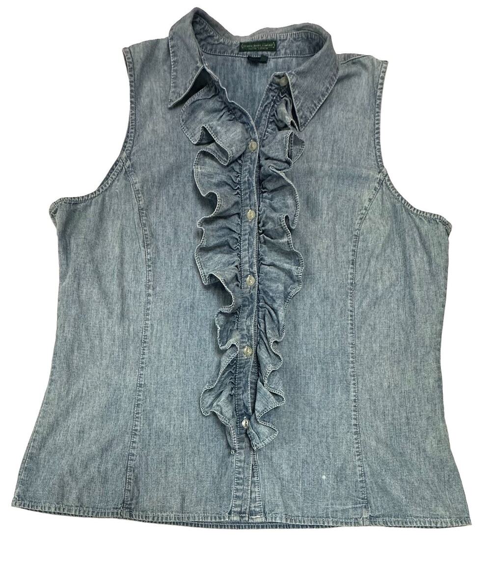 LRL Ralph Lauren Denim Sleeveless Shirt Ruffle Chambray Button Down Blue XL